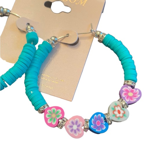 Turquoise Clay Polymer Beaded Hoop Earrings - Picture 4 of 4